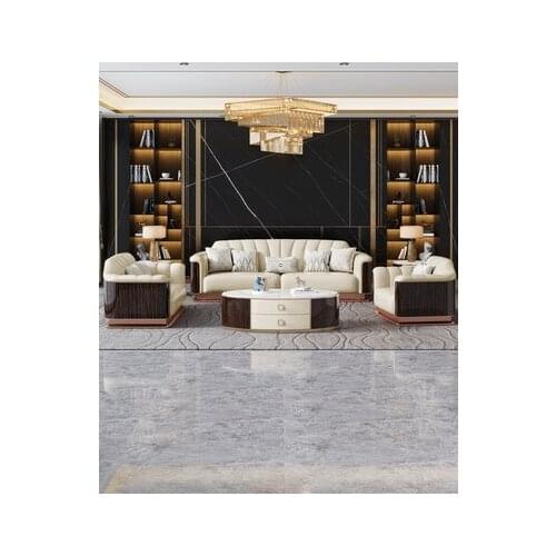 Modern leather sofa European light luxury villa sofa large family living room solid wood settee combination