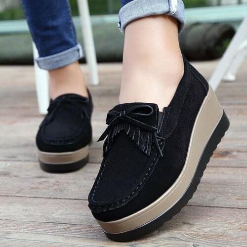 Fashion Spring Autumn Women Flats black Genuine Leather Shoes Lady Female Loafers Sweet Tassel Slip-ons Platform flats shoes