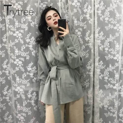 Trytree Spring Women Casual Coat V-neck Single Breasted Belt Vintage Fashion Solid Split hem Loose Office Lady Blouse Coat