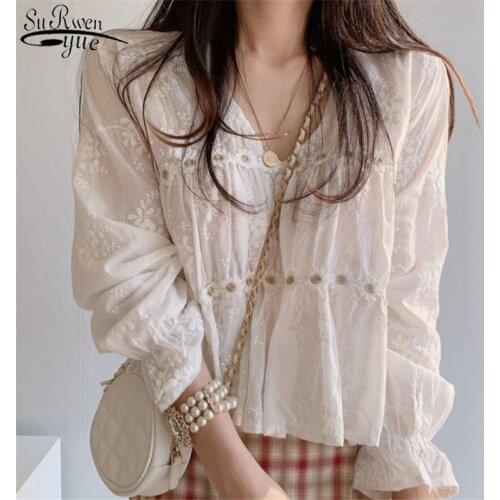 2021 White Blouse Spring Hollow V-neck Blouse Women Fashion Flower Loose Ladies Shirt Korean Sweet Long Sleeve Blusas Mujer