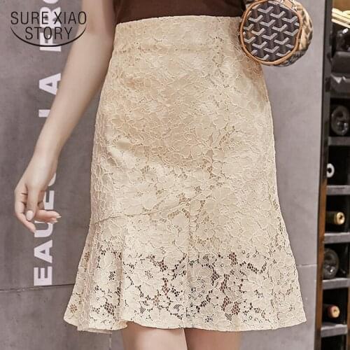 2021 New Summer Skirt Womens Fishtail Skirt Apricot High Waist Lace Skirt Ruffled Hip Skirt Wild Midi Skirt Jupe Femme9904