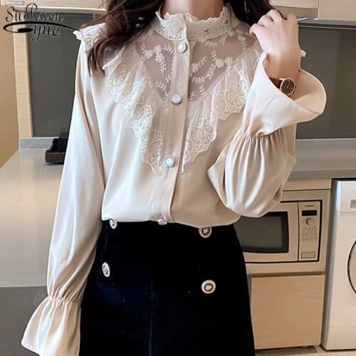 Spring Ruffled Lace Patchwork Blouse Women Lace Crochet Chiffon Shirt Palace Style Stand-up Collar Long Sleeve Button Tops 13108
