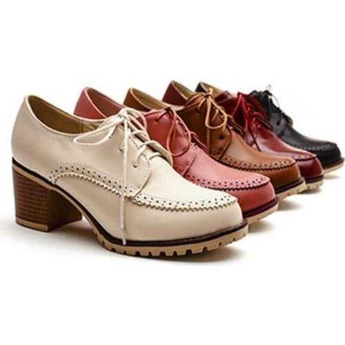 Lady European Style Laceshoes Wood Grain Square Thick Med Heels Big Size 34-43 Round Toe Ankle Botas Low Top Women Single Bootie