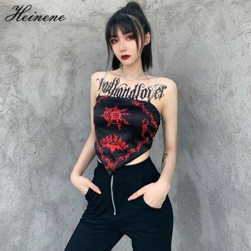 Heinene Gothic Women Sexy Red Tube Top Print Chain Sling Vest Sexy Streetwear Casual Strap Crop Tops Slim Women Backless Clothes