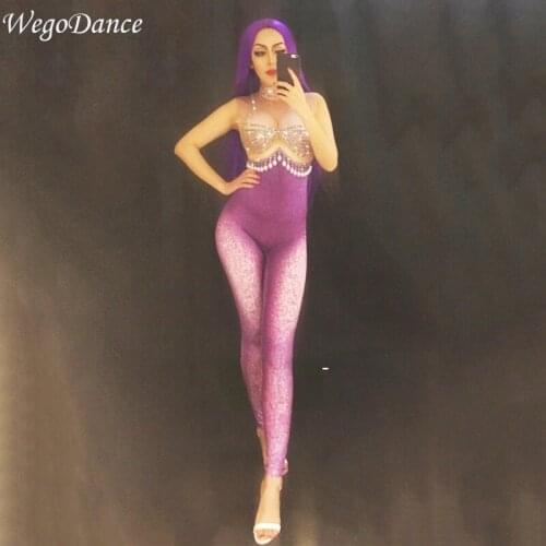 Sexy purple Mermaid Jumpsuit Sleeveless Big Stretch Nude Bodysuit Stage Performance Party Dance outfit