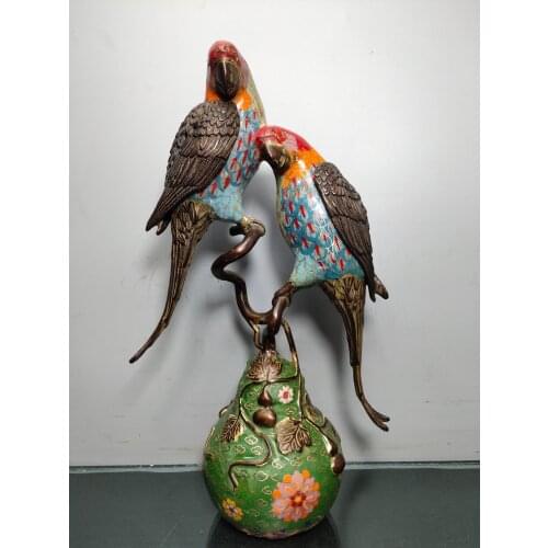 14"Chinese temple collection Old Bronze Cloisonne Filigree Enamel Two parrots statue Incense burner Ornaments Town House