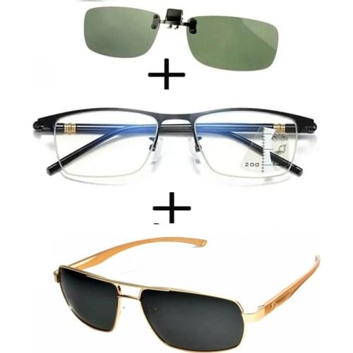 3Pcs!!! Progressive Far and Near Business Reading Glasses for Men Women + Polarized Sunglasses Metal Luxury + Sunglasses Clip