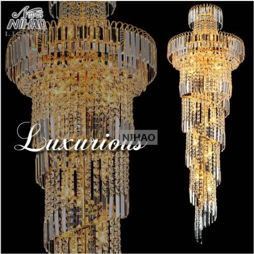 Long Spiral Gold or Silver Crystal Chandelier Lighting Fixture Lustre Crystal Hanging Lamp for Restaurant Hotel Lobby MD8500