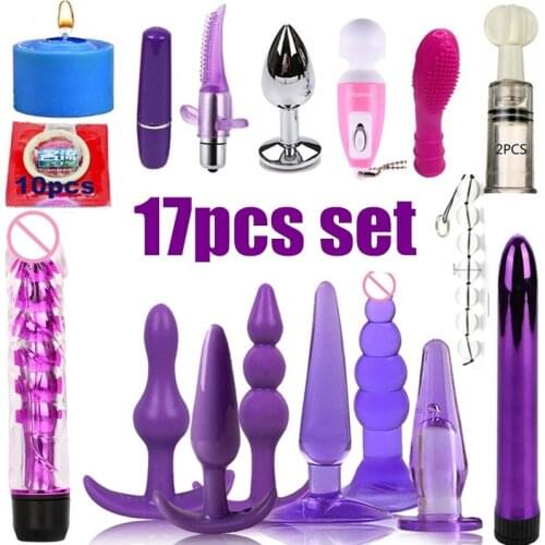 17PCS set Women Men Vibrator Kit Lock Rings Kegel Ball Anal Plug Sex Massage Tools Finger Massagers Anus Washer Adult Sex Toys