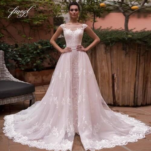 Fmogl Sexy Illusion Cap Sleeve Lace Mermaid Wedding Dresses 2021 Elegant Appliques Button Detachable Train Trumpet Bride Gown