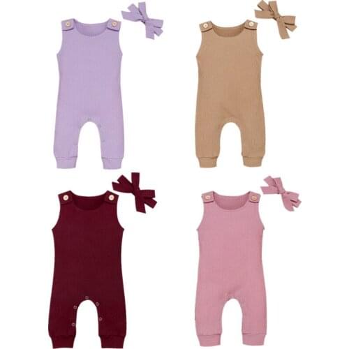 0-24M Infant Baby Girl Boy Cotton Sleeveless Knitted Romper Jumpsuit+Headband 2pcs Outfits Clothes Summer