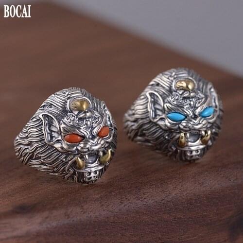 Real S925 pure silver auspicious beast ring for man Inlaid with turquoise exaggerated adjustable Thai silver male ring good luck
