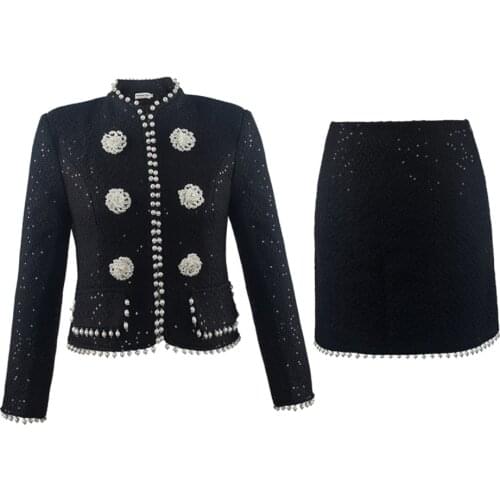 Small fragrance tweed beading short coat +package hip a-line skirt two piece sets spring autumn