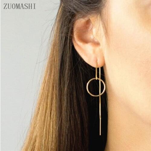 Circle Threader Earrings Pull Through Earrings With Eternity Circle Ring Adjustable Length Long Threader Simple Everyday Jewelry