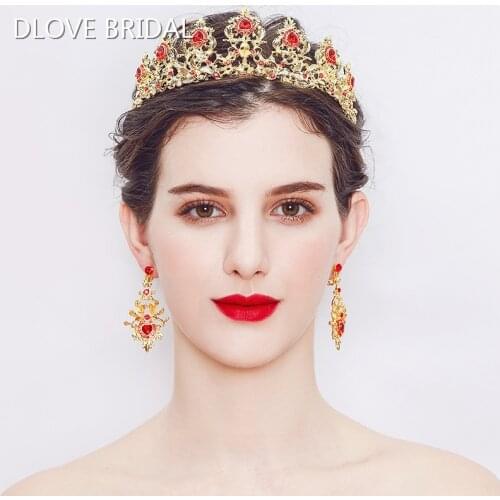 Fashion Bridal Jewelry Sets Gold Wedding Party Crown and Earrings with Red Crystals