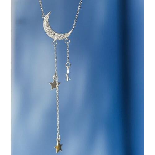 Birthday Gift 925 Sterling Silver Shiny Moon Inlaid Zircon Necklace Exquisite Star Pendant Beautiful Jewelry Choker NK007