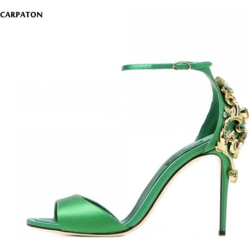 Carpaton 2018 Summer High Heel Shoes Open Toe Crystal Embellished Ankle Strap Thin Heel Sandal Woman Cutouts Sandal Green Black