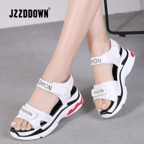 Women Platform Beach sandals shoes Genuine Leather ladies Wedges Sneakers Sandals White Flip Flop shoe summer Mid Heel footwear