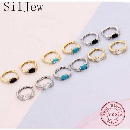 SilJew 925 Sterling Silver Gold Clear Black Zircon Piercing Clips Huggies Hoops Women Rock Punk Jewelry 2020 Fashion CZ Pave