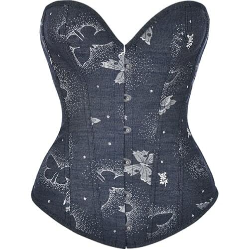 Blue Denim White Butterfly Printed Pattern Gothic Fashion Corsets For Women Corpete Corselet Overbust Corset Sexy Bustier Top