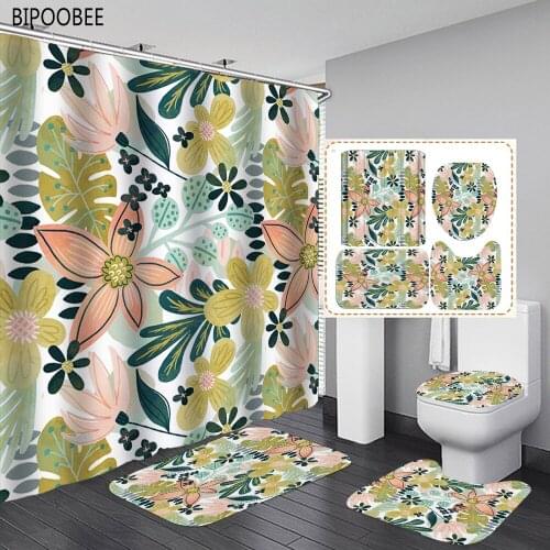 Flowers Fabric Shower Curtains for Bathroom Curtain Set with Hooks Colorful Flower Plant Bath Mats Rugs Toilet Lid Cover Carpet