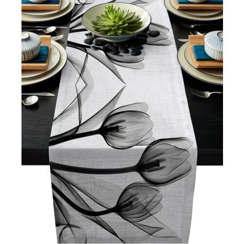 Tulip Flower Black And White Silhouette Table Runner Linen Cotton Tablecloth Modern Party Wedding Decor Dinning Table Runners