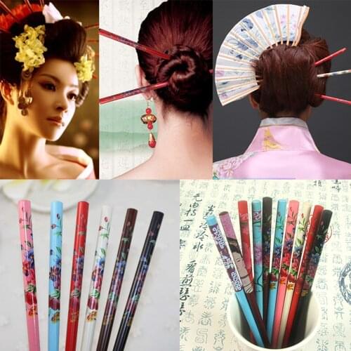 2Pcs Graceful Floral Bride Hairpin Wooden Chopsticks Handmade Colorful Hair fork Hand-carved Vintage Painting hairpin
