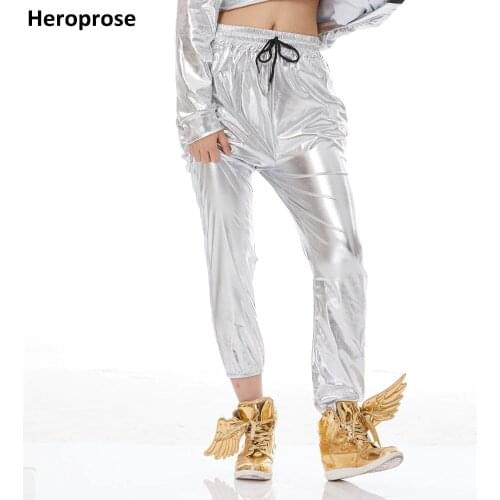 Heroprose 2018 Women Fashion Silver Elastic Ankle Strap Dance Stage Street Wear Wide Leg Loose Bloomers Hip Hop Harem Pants