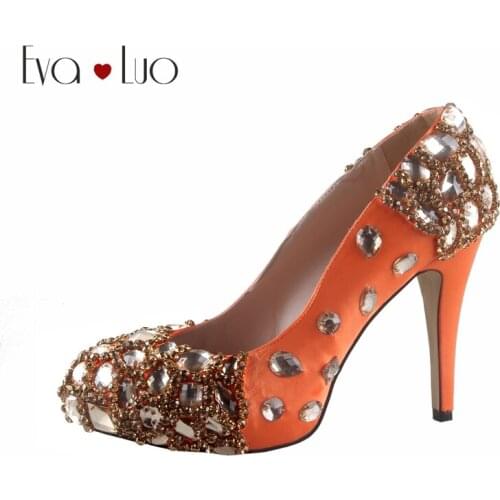 CHS747 DHL Custom Made Orange Gold Crystal High Heels Big Size Women Pumps Shoes Dress Pumps Bridal Wedding Shoes