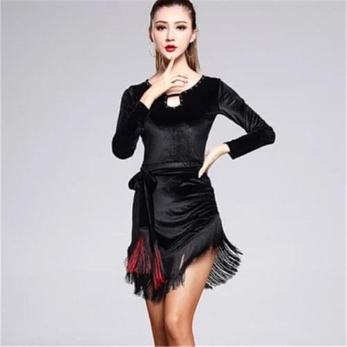 New Fashion Sexy Long sleeve velvet black Latin Dance Tassel dress for women/female Ballroom tango modern Rumba dance Costumes