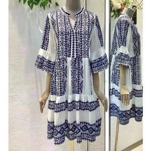 Top Quality Womens Dress 2021 Autumn Ladies Allover Exquisite Embroidery Flare Sleeve White Black Tunic Cotton Dress Vestidos