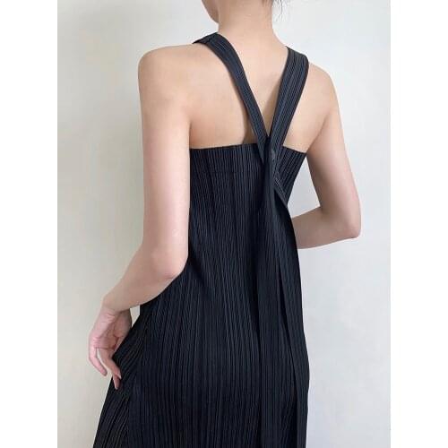 2021 Summer Miyake pleated women dress female temperament halter cross Spaghetti Strap design loose long sleeveless dress