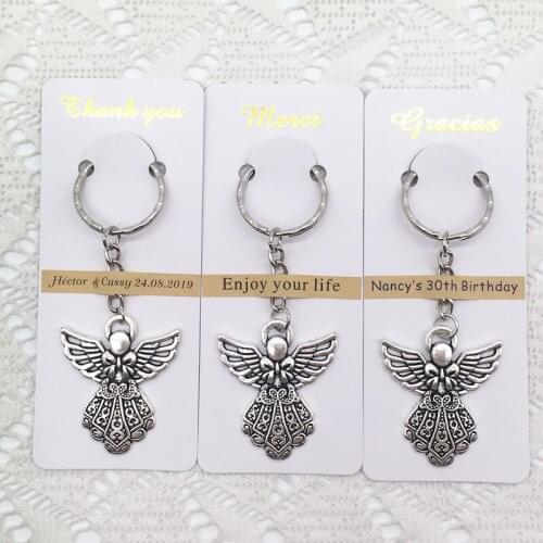 100pcs/lot First Birthday Party Gifts Baby Shower Christening Religious Party Gifts Guardian Angel Key Ring with Customized Tag
