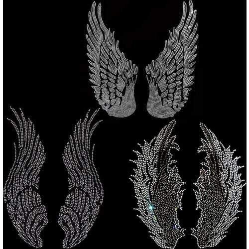 Large Angel Pairs Iron on Hot Fix Rhinestone Transfer Bling Motif Diamond Applique for Crafts Clothes Bags Decoeated