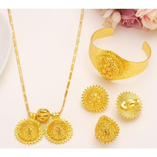 Big Twin Pendant Lovable Smiling face Wedding Jewelry Sets Heavy 24k Real Solid Fine Gold Finish Luxurious Bridal Romantic Women