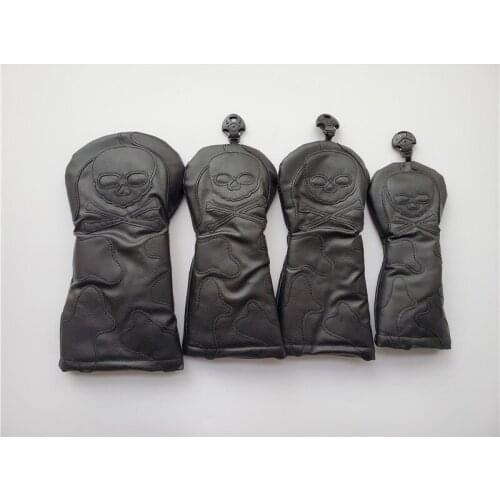 Skull Golf Head Cover Golf Woods Cover Black PU Golf Driver Head Cover + Fairway Woods + UT Head Cover EMS Free Shipping