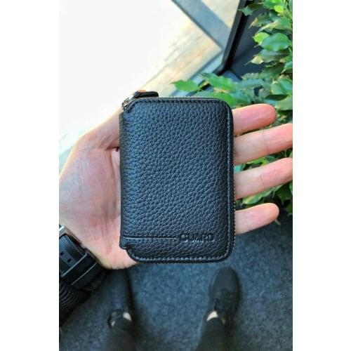 Black Genuine Leather Mini Zipper Wallet