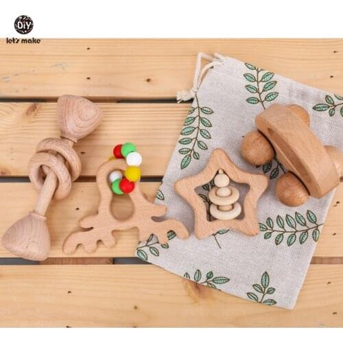 Let’ s Make 4pc/set Baby Rattle Set Hand Teething Beech Wooden Animal Elk Star Christmas Gift Wood Rattles Educational Baby Toys