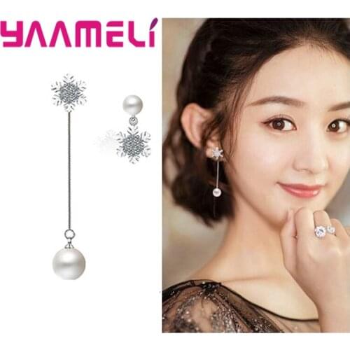 Two Colors Snowflake+White Pearl/Red Bead Design Different Length Earrings Drop Cubic Zirconia 925 Sterling Silver Gift
