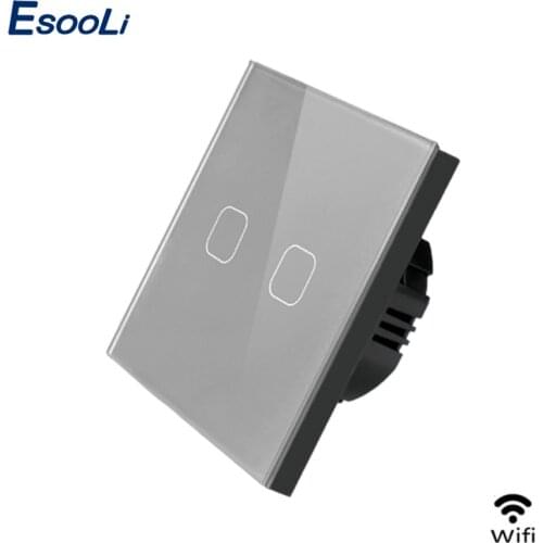 Esooli 2 Gang EU/UK WIFI Smart Touch Switch APP wireless switch Light Wall Switch Gray Crystal Glass Panel