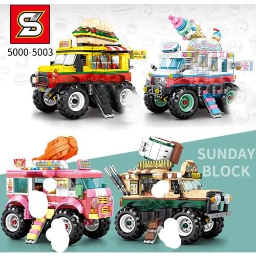 City Street View Series Building Block Mini Cross Country Hamburger Ice Cream Fried Chicken Coffee Car Model Bricks Toy for Kids