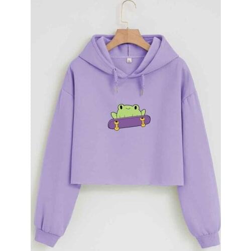 Purple Crop Top Hoodie Cute Cartoon Frog Graphic Crop Top Hip Hop Streetwear Jacket Kawaii Clothes Long Sleeve Sweatshirt