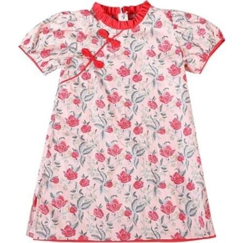 Sweet Ruffles Chinese Modern Qipao Dress 2021 Childrens Clothing Summer Casual Party Dresses Baby Girl Cheongsam Floral Print