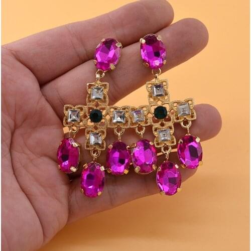 Baroque Gold Color Cross Earrings For Women Long Earrings Jewelry Brincos 2019 Pink Rhinestones Dangle Earrings Bijoux
