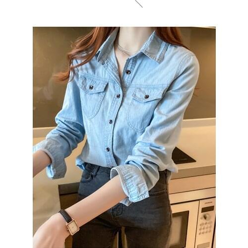 Slim denim shirt women 2021 new spring and autumn long-sleeved versatile thin bottoming shirt jacket