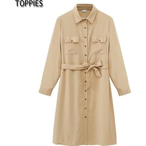 Toppies Shirt Dress 2021 Spring Autumn Women Dress Casual Double Pockets Turn-down Collar Button Belt Dress Fashion Korean