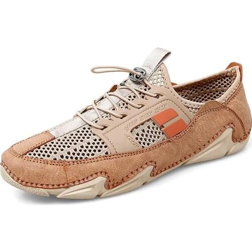 H15 Mens summer shoes Breathable Without Laces Genuine Leather Loafers Hollow Sandals Mesh Slippers Beach Platform sandals