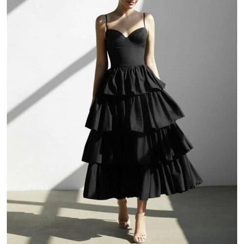 Vintage A-Line V-Neck Short Black Evening Dresses Spaghetti Lace Up Back Tiered Abendkleider Formal Party Gown for Women