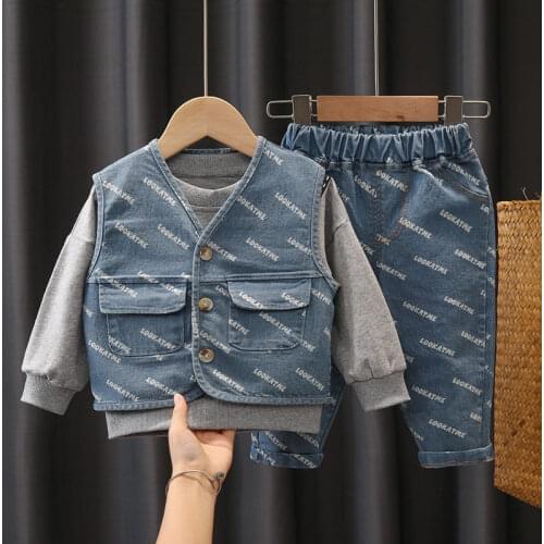 Spring Autumn New 3 Pcs Kids Clothing Sets Print T-Shirt+denim Jacket+jeans Childrens Clothing Casual Clothing for Girls 1-5 Y