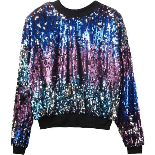High Quality Fashion Loose Sequined Womens T-shirts Autumn Long Sleeve O-neck Pullovers Female